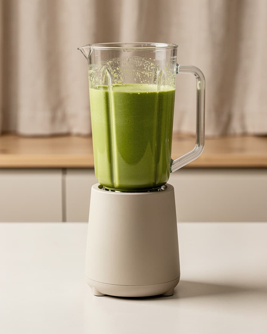 Steg 2: Mixa frusen banan, spenat, havredryck och mandelsmör till en tjock, slät kräm.