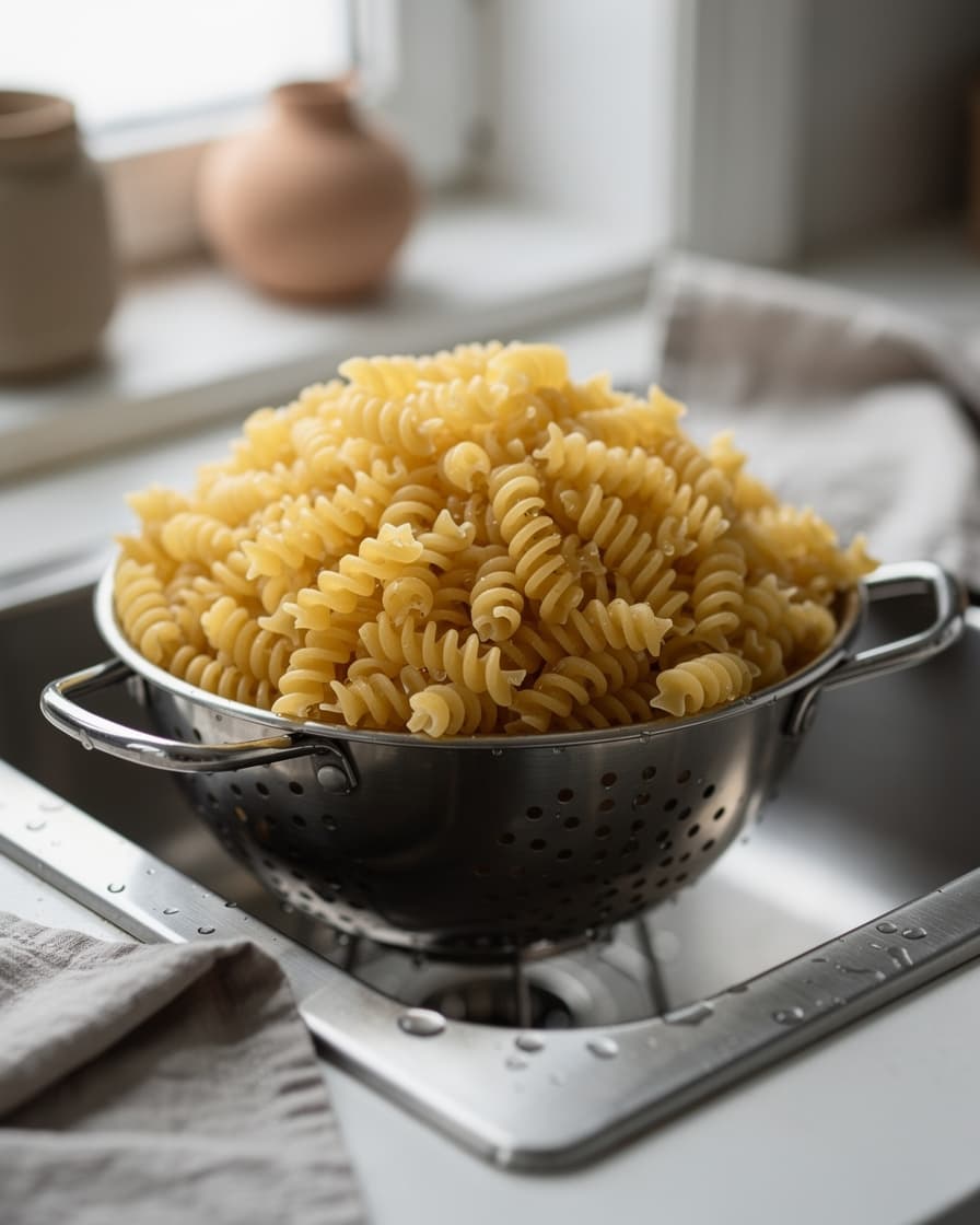 Steg 1: Koka pastan enligt förpackningen — gärna en liten pasta som fångar vinägretten. Häll av och spola kall.