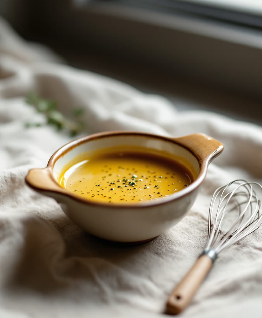 Steg 3: Vispa ihop resten av olivoljan (stek kycklingen i ungefär en matsked) med äppelcidervinäger, dijonsenap och oregano till en vinägrett.