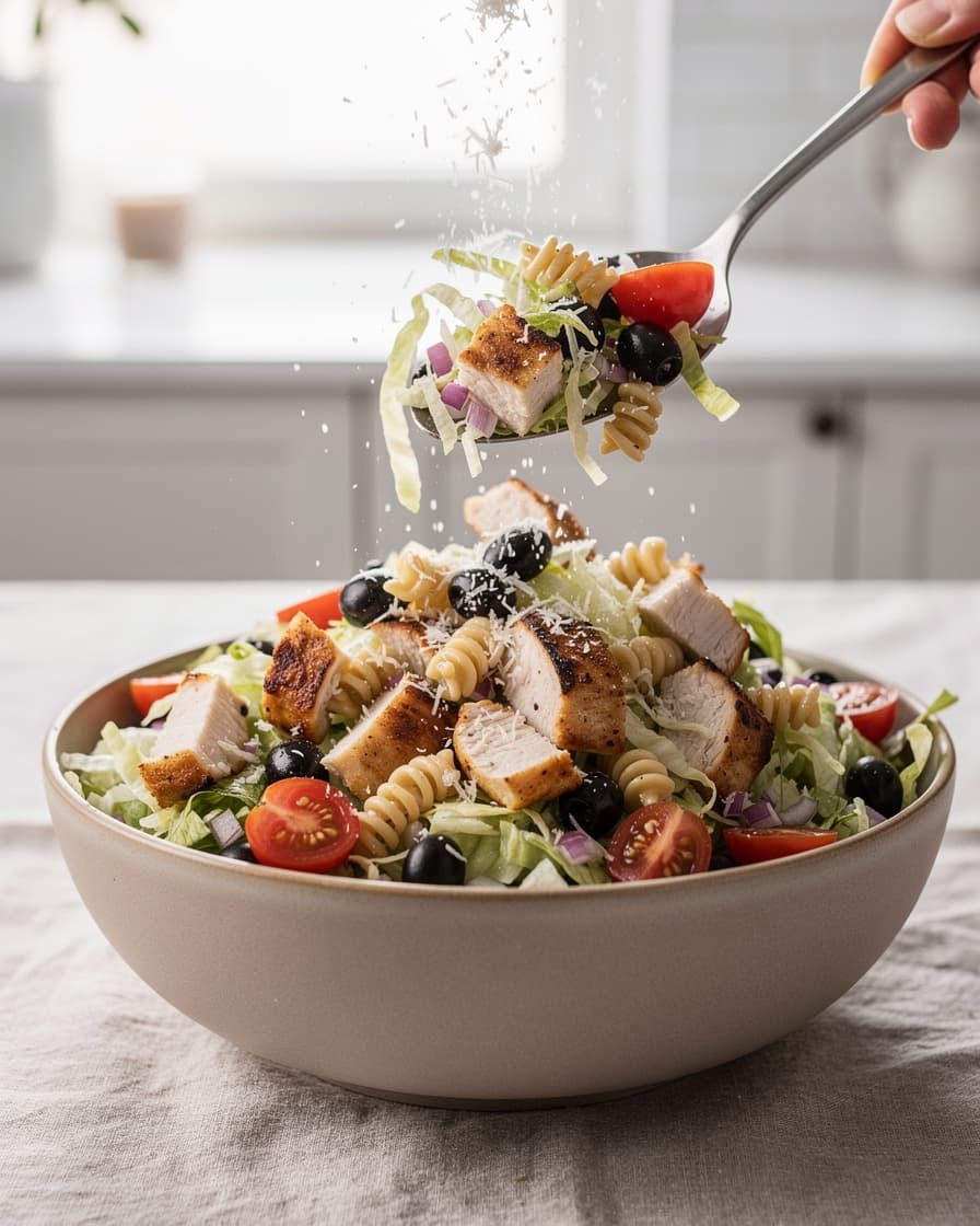 Steg 5: Vänd ihop sallad, pasta, kyckling, tomater, rödlök och oliver med vinägretten i en stor skål. Riv över parmesan och blanda en sista gång.