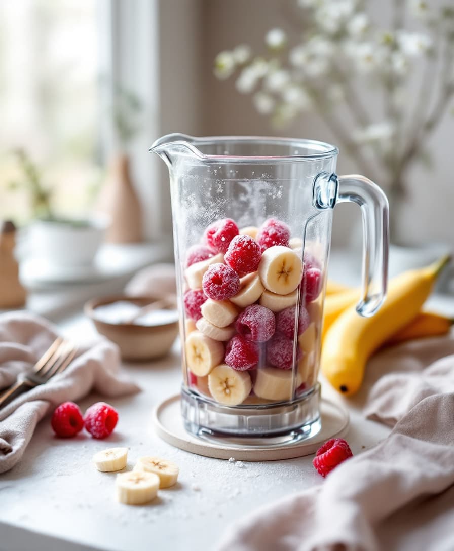 Steg 1: Lägg de frysta hallonen i mixern. Skala bananen, skär den i bitar och lägg i.