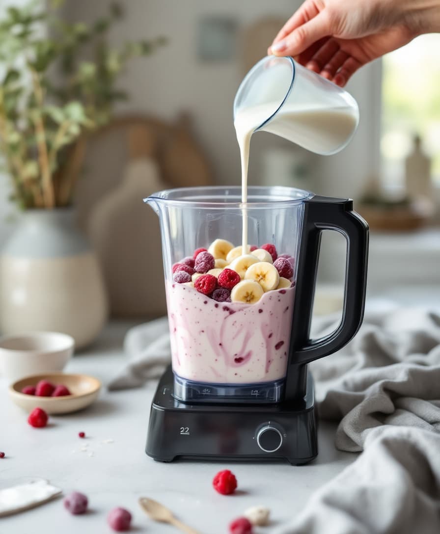 Steg 2: Tillsätt yoghurt och havredryck. Mixa tills shaken är tjock, slät och rosa.