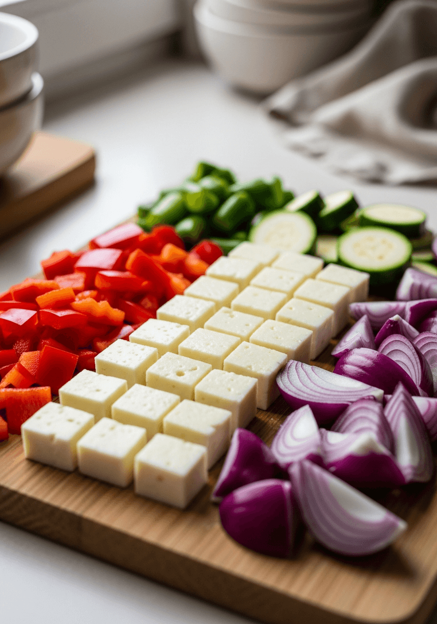 Steg 1: Sätt ugnen på 225°C. Skär halloumi, paprika, zucchini och rödlök i jämnstora bitar.