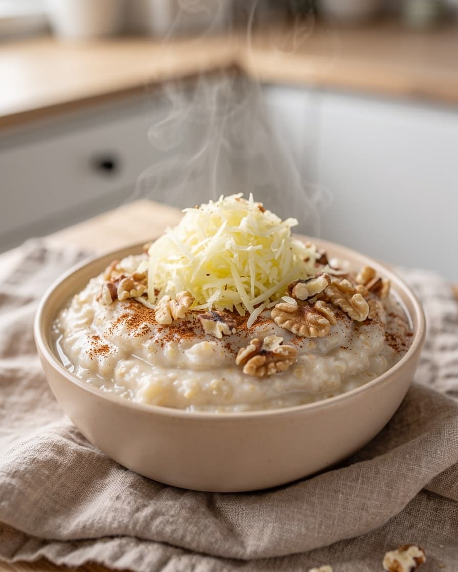 Steg 4: Häll upp gröten och toppa med rivet äpple, resten av kanelen och grovhackade valnötter.