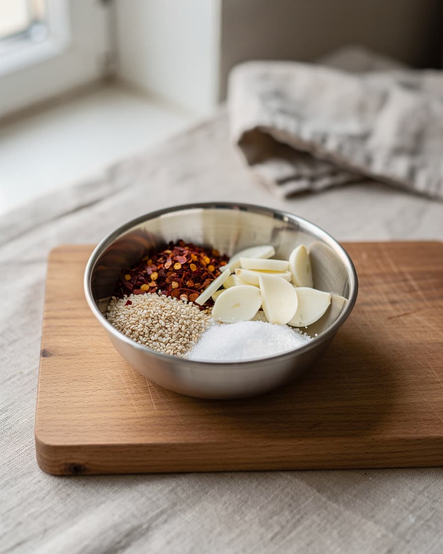 Steg 1: Lägg chiliflingor, sesamfrön, tunt skivad vitlök och salt i en värmetålig skål av glas eller metall.