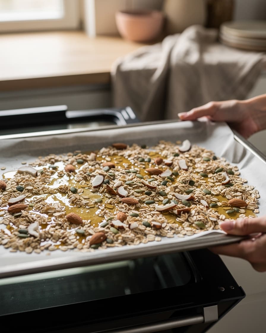 Steg 3: Sprid ut blandningen på en plåt med bakplåtspapper och rosta i mitten av ugnen i 18–20 minuter. Rör om halvvägs så granolan rostas jämnt.