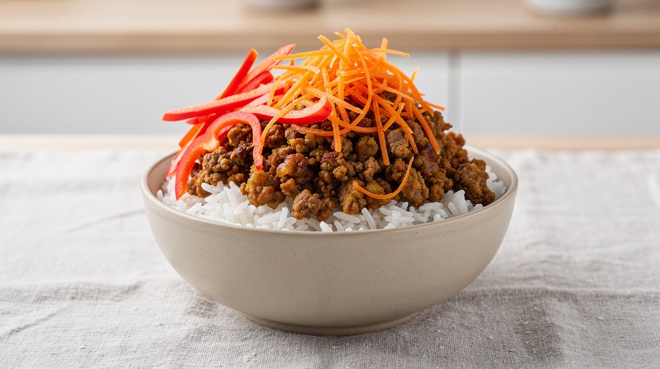 Foto: Högprotein köttfärsbowl med ris och grönsaker