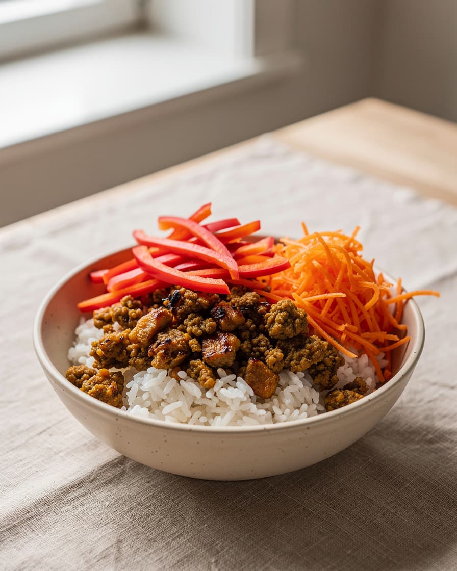 Foto: Högprotein köttfärsbowl med ris och grönsaker