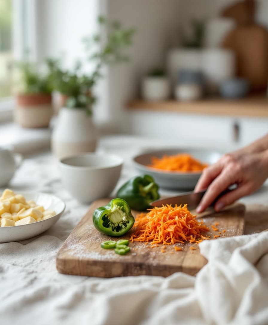 Steg 2: Strimla paprikan och riv moroten medan riset kokar.