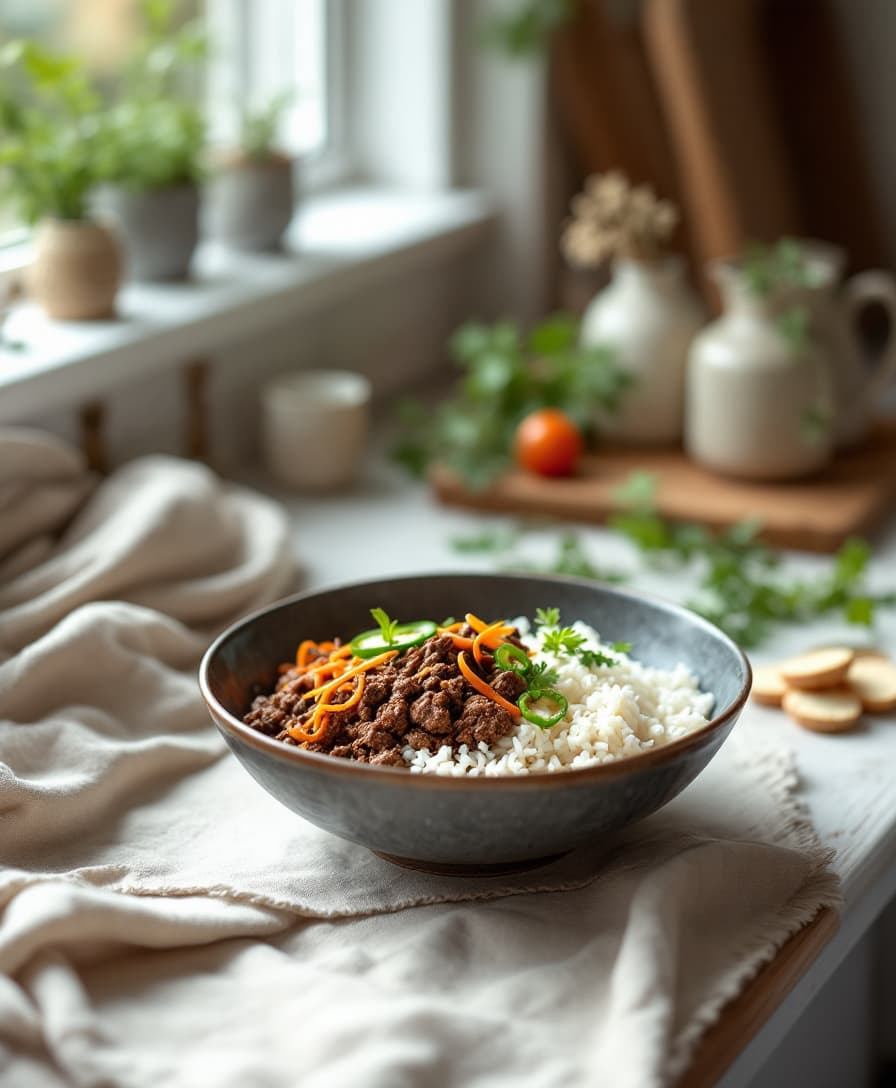 Steg 5: Lägg upp ris, köttfärs och de råa grönsakerna i skålar.