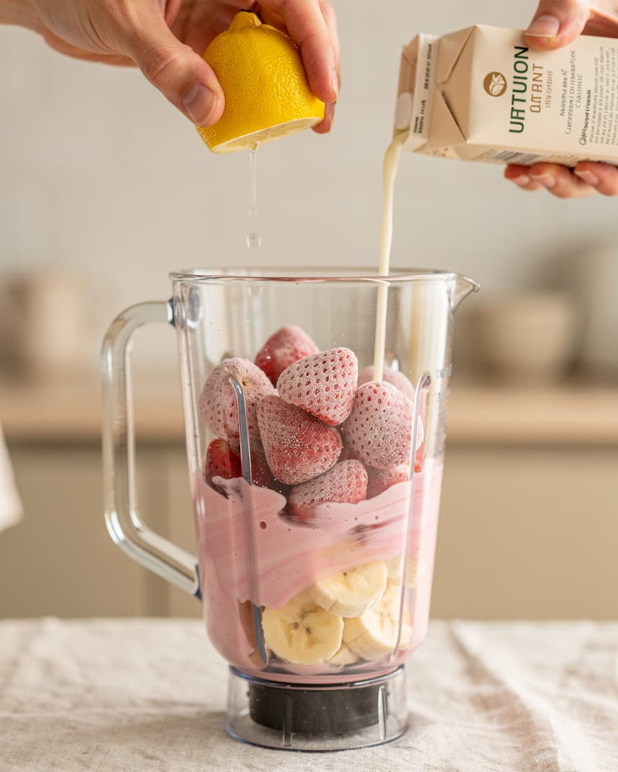 Steg 2: Pressa i saften från citronen och häll på havredrycken. Mixa tills shaken är slät och skummig.