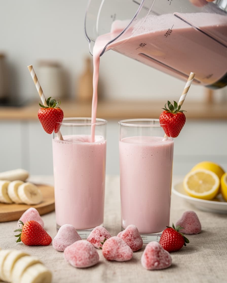 Steg 3: Häll upp i två höga glas och servera direkt, gärna med sugrör och en jordgubbe på kanten.