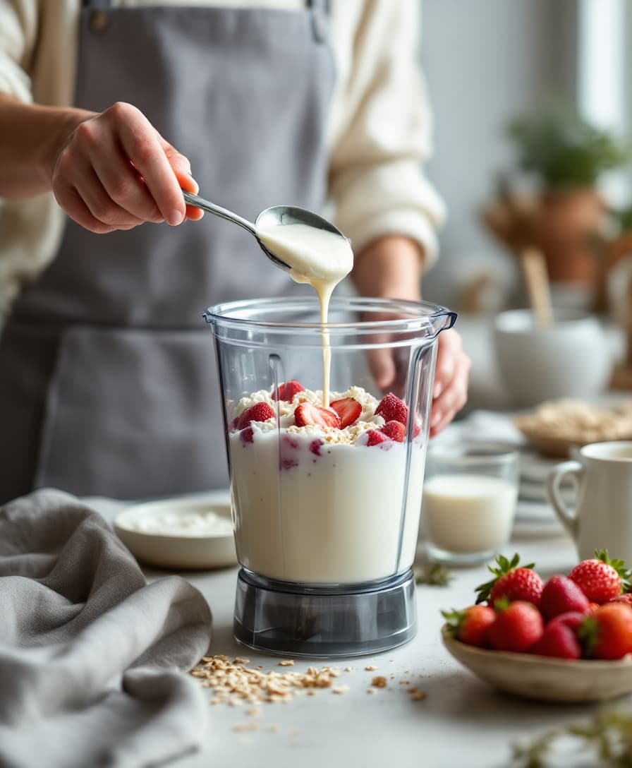 Steg 2: Tillsätt keso och havredryck. Mixa länge, tills all kornighet är borta och shaken är helt slät och rosa.