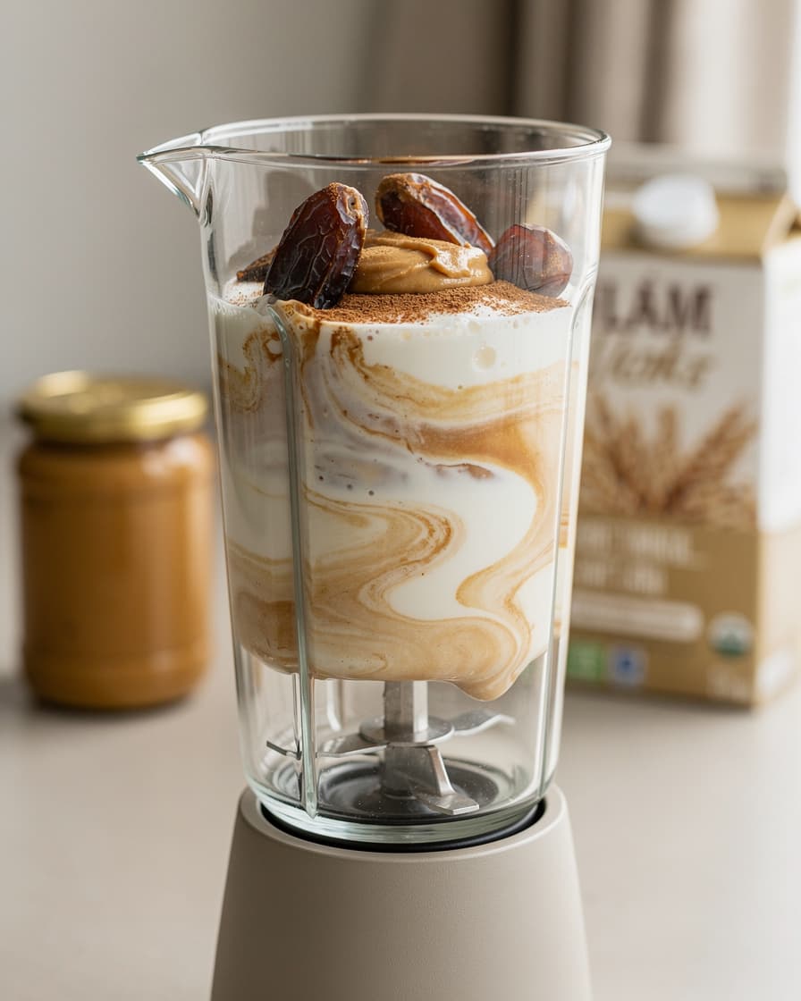 Steg 2: Tillsätt jordnötssmör, kvarg, havredryck och kanel. Mixa länge, tills dadlarna är helt nermixade och shaken är slät och krämig.