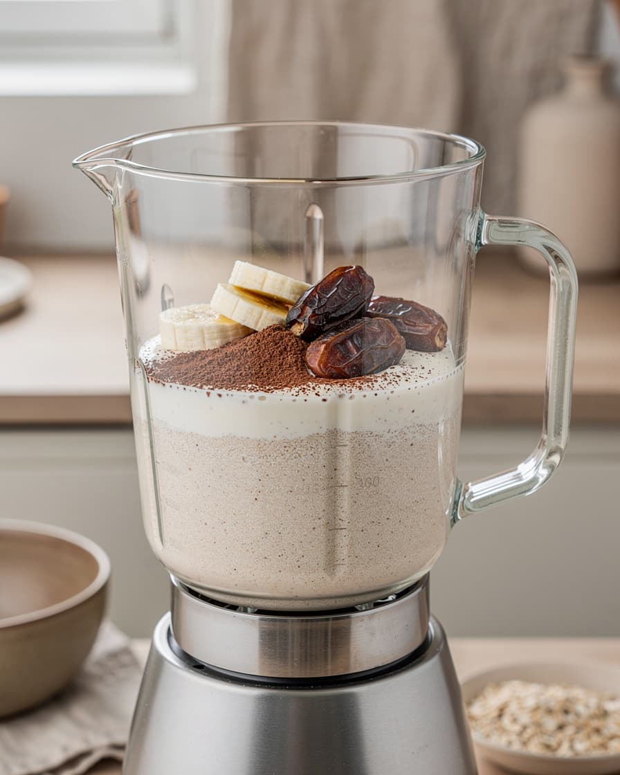 Steg 2: Tillsätt banan i bitar, urkärnade dadlar, kakao och havredryck. Mixa tills shaken är tjock, slät och chokladbrun.