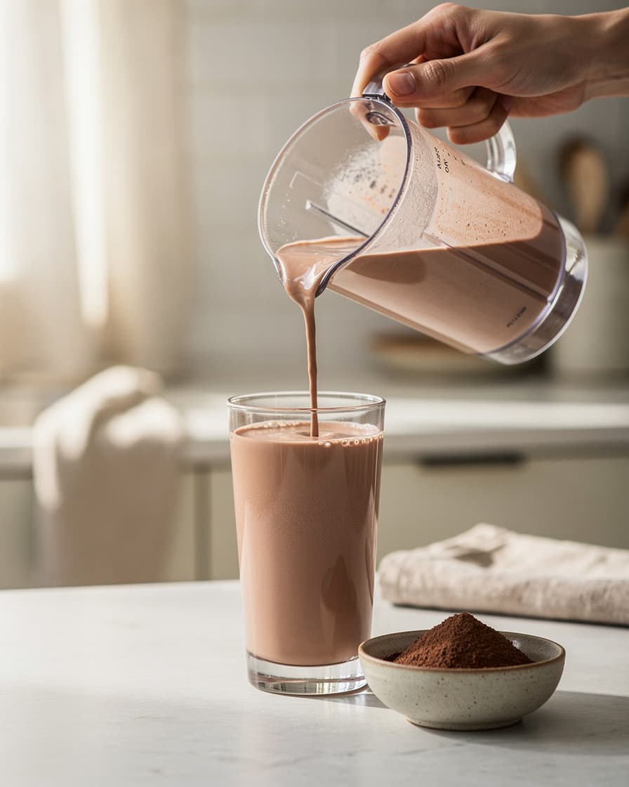 Steg 3: Häll upp i ett högt glas och servera direkt, gärna med lite kakao pudrad över ytan.