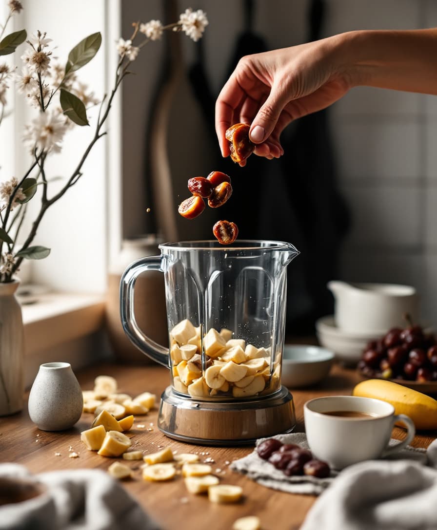 Steg 1: Skala bananen och skär den i bitar. Kärna ur dadlarna. Lägg allt i mixern.