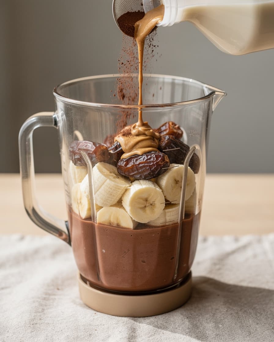 Steg 2: Tillsätt kakao, jordnötssmör och havredryck. Mixa länge, tills dadlarna är helt nermixade och shaken är slät och chokladbrun.