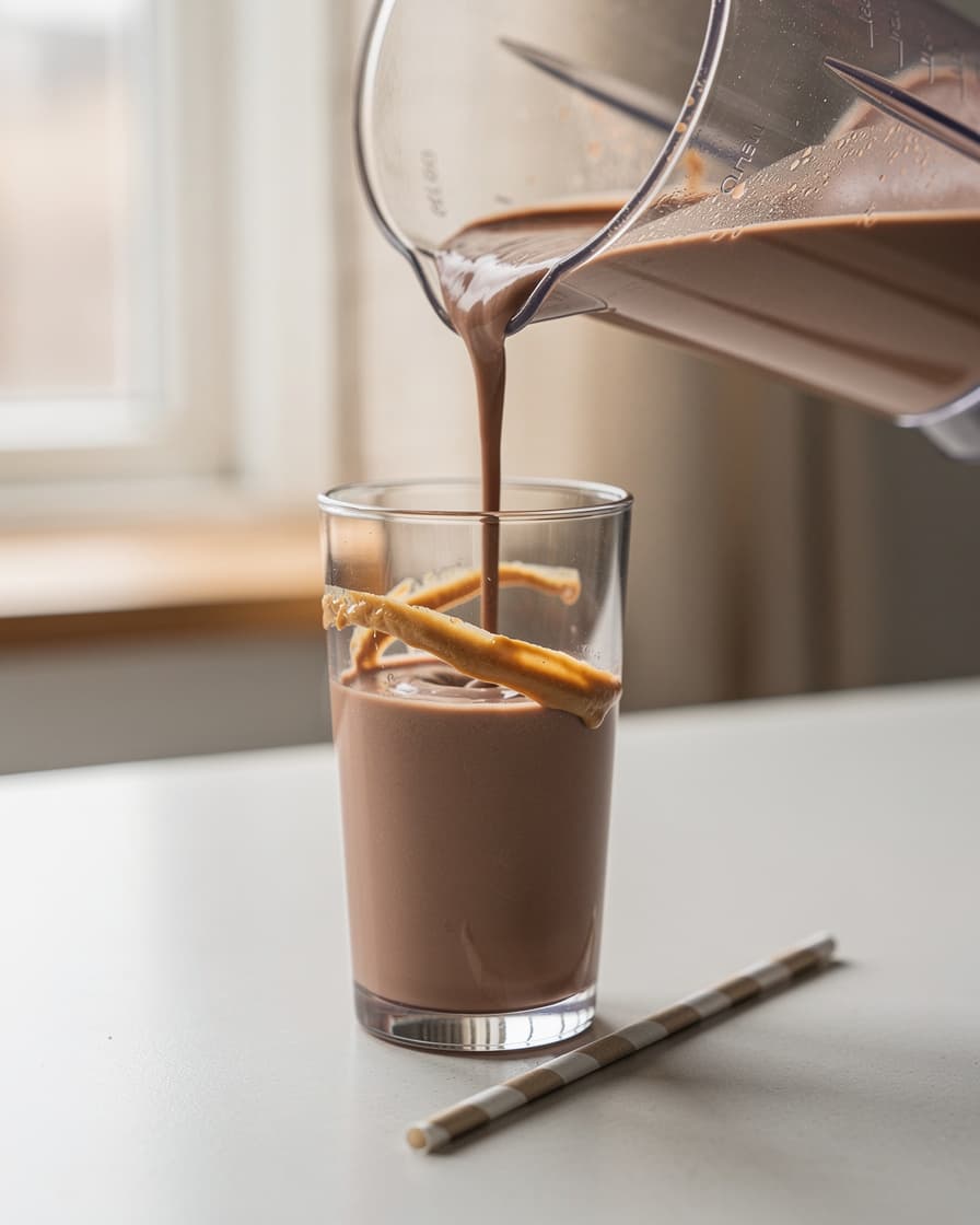 Steg 3: Häll upp i ett högt glas och servera direkt, gärna med en tunn ringla jordnötssmör på insidan av glaset.
