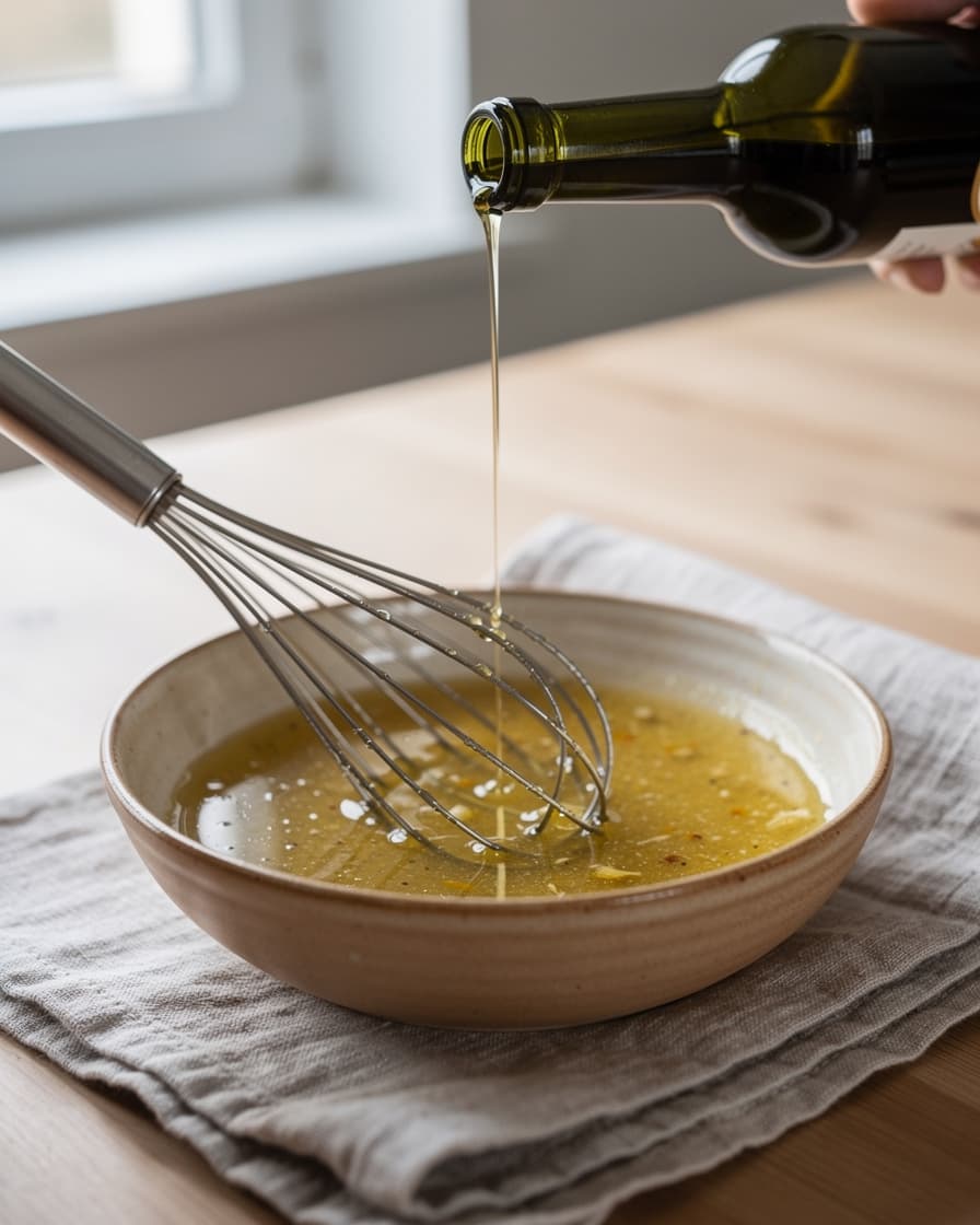 Steg 2: Vispa ihop olivolja, pressad citron, dijonsenap, pressad vitlök och honung till en dressing.