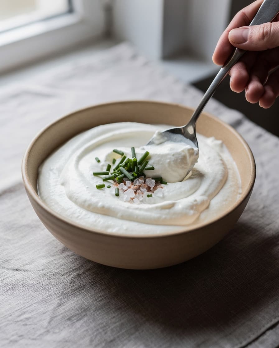 Steg 2: Rör ner hackad gräslök och flingsalt.