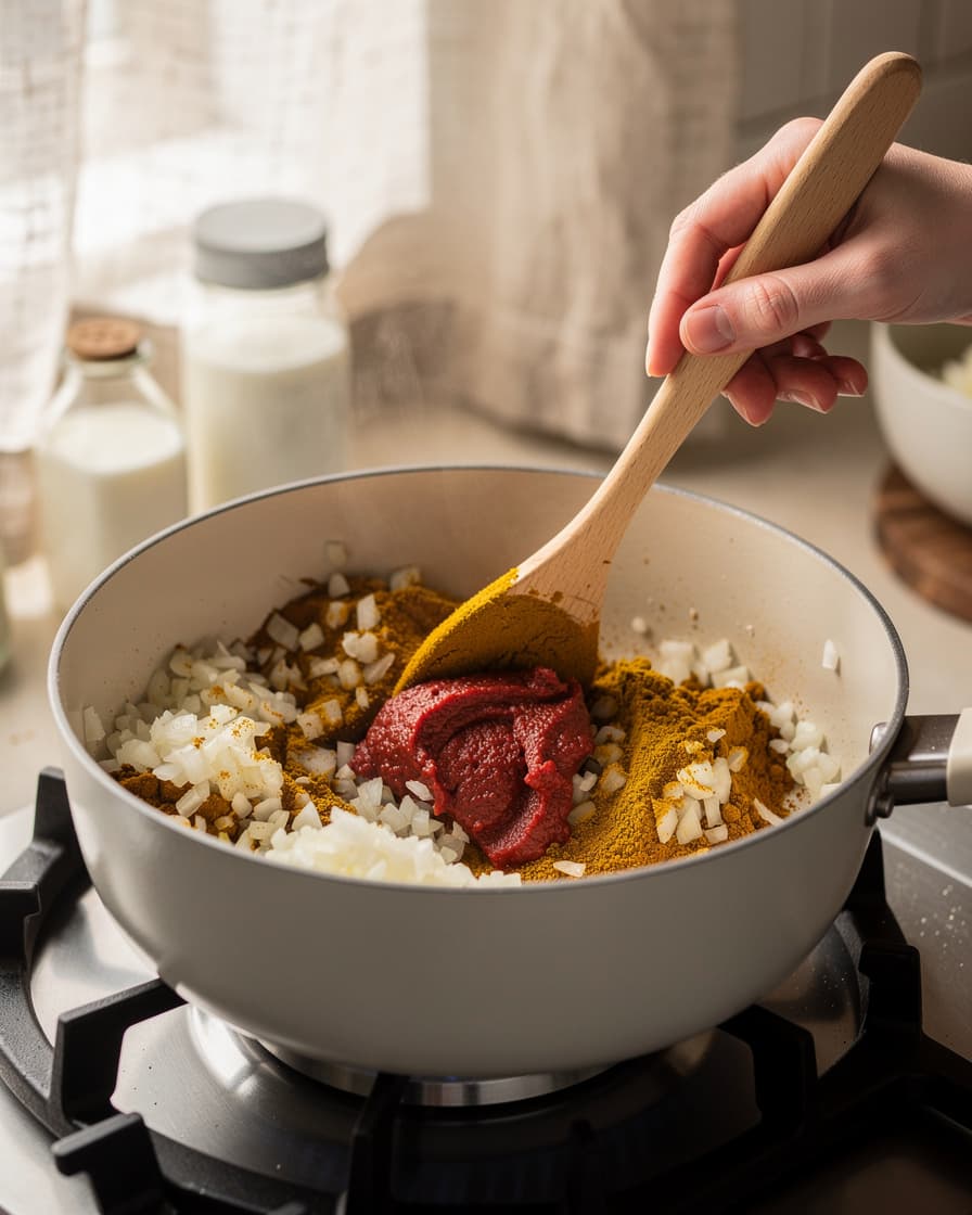 Steg 2: Tillsätt curry och tomatpuré och fräs en minut tills det doftar.