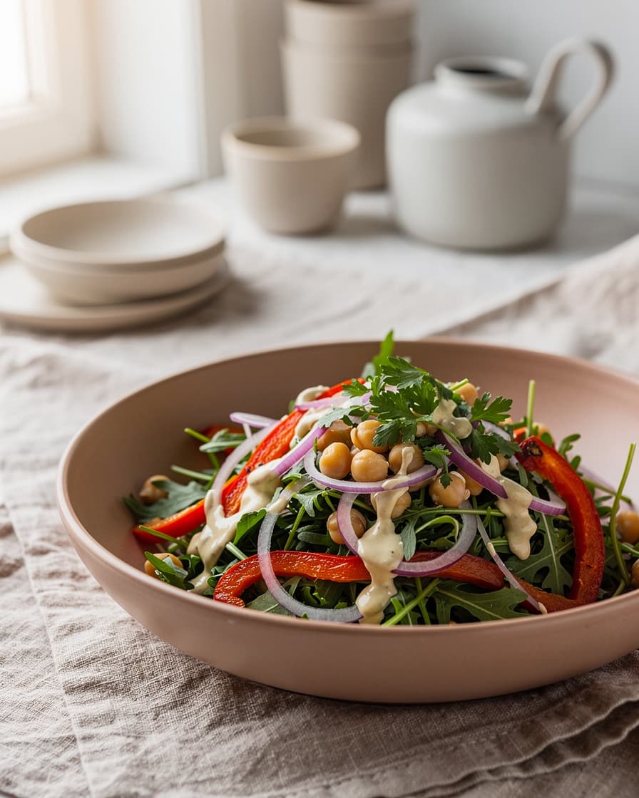 Foto: Kikärtssallad med tahinidressing och rostad paprika