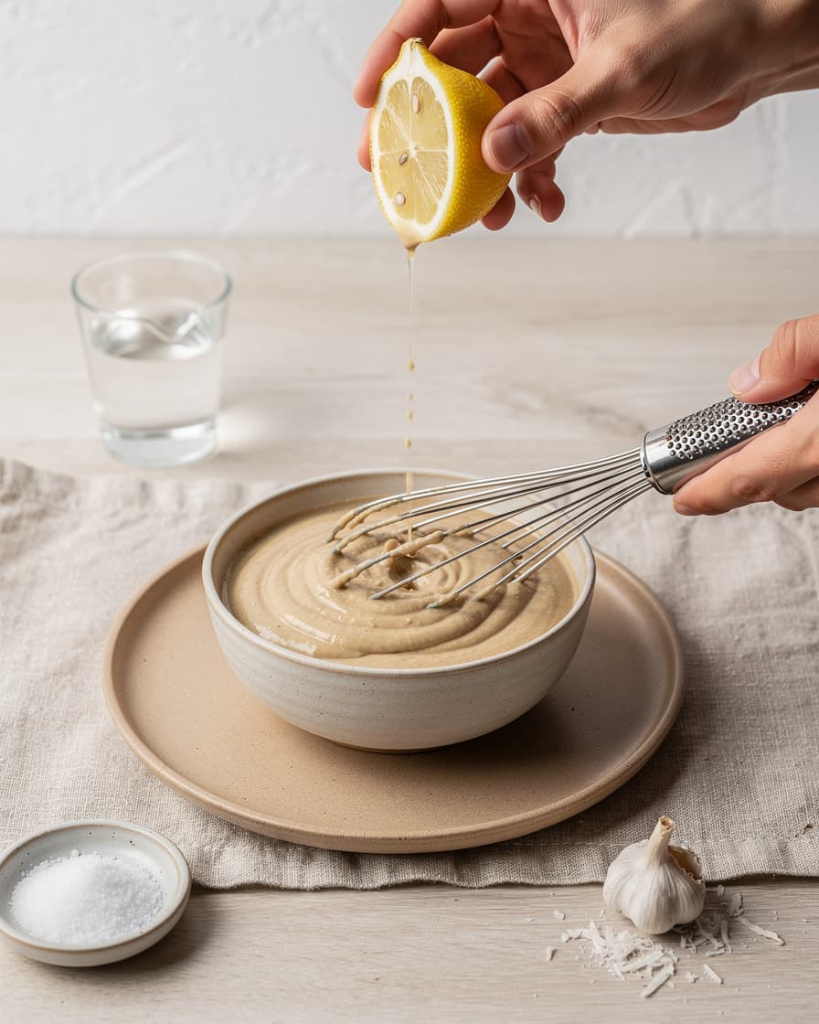 Steg 2: Rör ihop tahini, pressad citron, riven vitlök, vatten och salt till en len, ljus dressing.