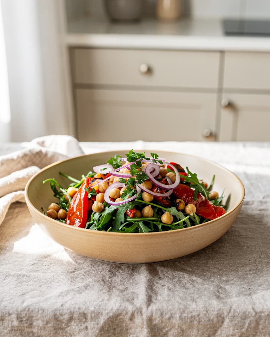 Steg 4: Lägg ruccola, kikärtor och den rostade paprikan i en stor skål. Toppa med rödlök och persilja.