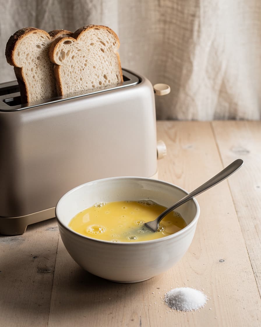 Steg 1: Vispa äggen med salt i en skål. Rosta brödet.