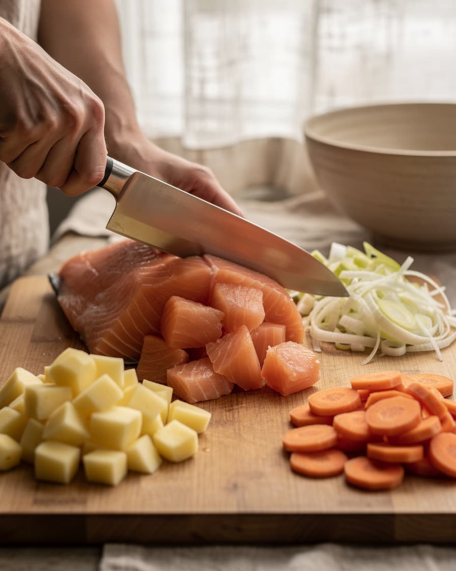 Steg 1: Skala och tärna potatisen, skiva morötterna och strimla purjolöken. Skär laxen i stora bitar.