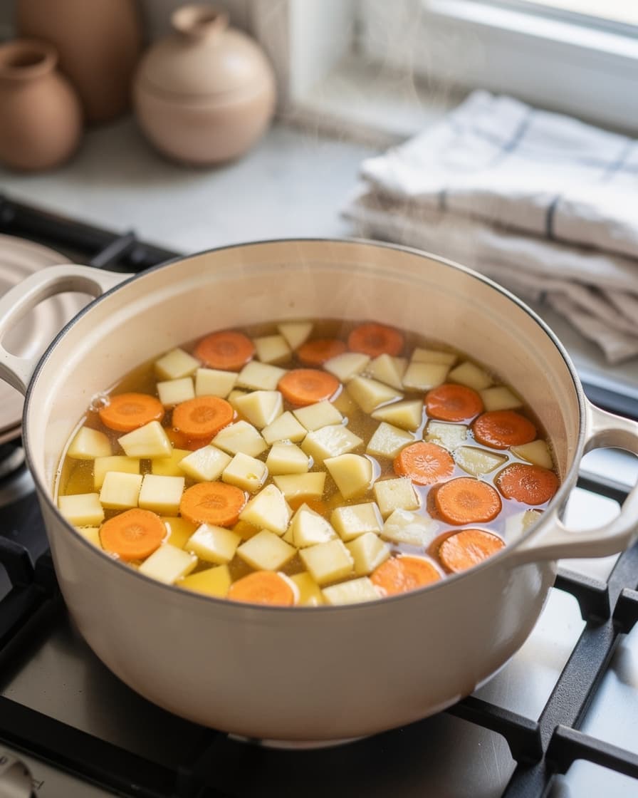 Steg 3: Tillsätt potatis, morot, vatten och buljongtärning. Koka upp och låt sjuda cirka 12 minuter tills potatisen är nästan mjuk.