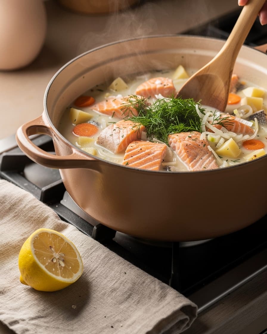 Steg 5: Rör ner hackad dill och pressa i citronen. Smaka av med salt och svartpeppar.
