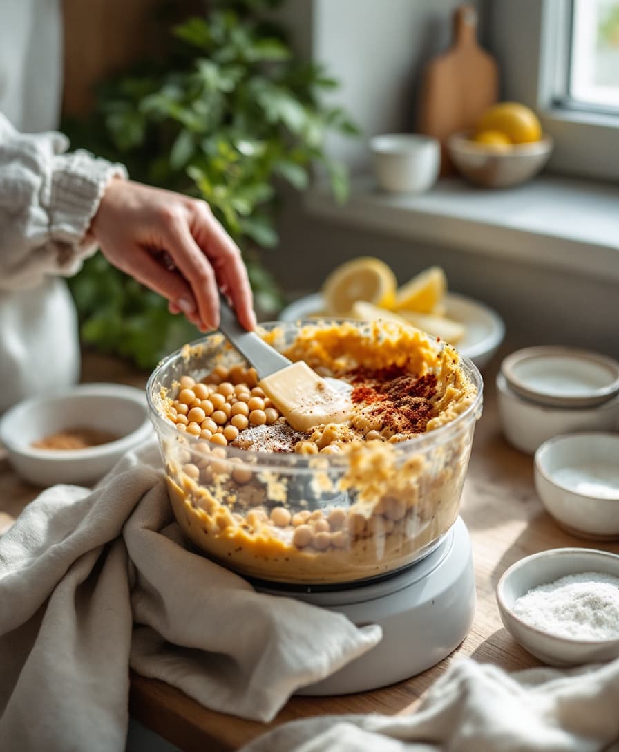 Steg 2: Mixa kikärtorna med tahini, pressad citronsaft, vitlök, spiskummin och salt tills allt är finfördelat. Skrapa ner kanterna en gång.
