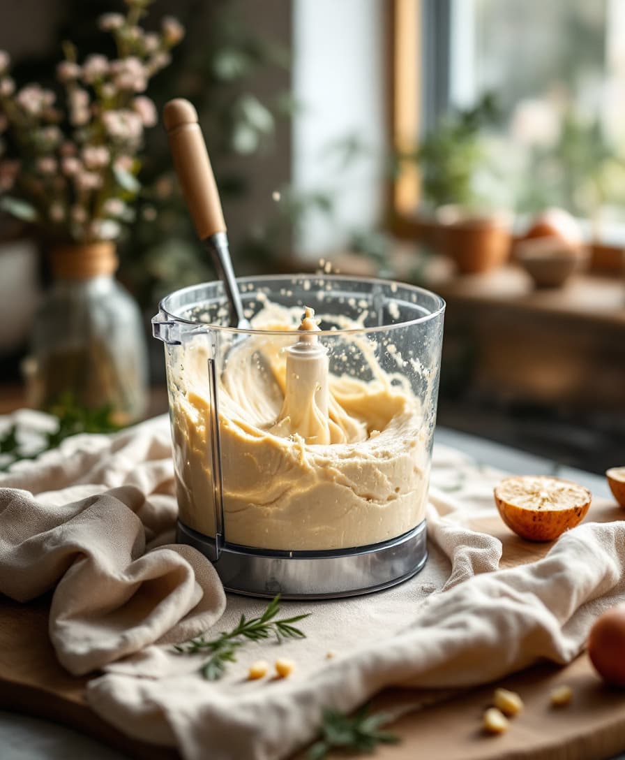 Steg 3: Tillsätt det kalla vattnet lite i taget medan mixern går, tills hummusen blir blek, luftig och helt slät. Det tar ett par minuter — ge den tid.