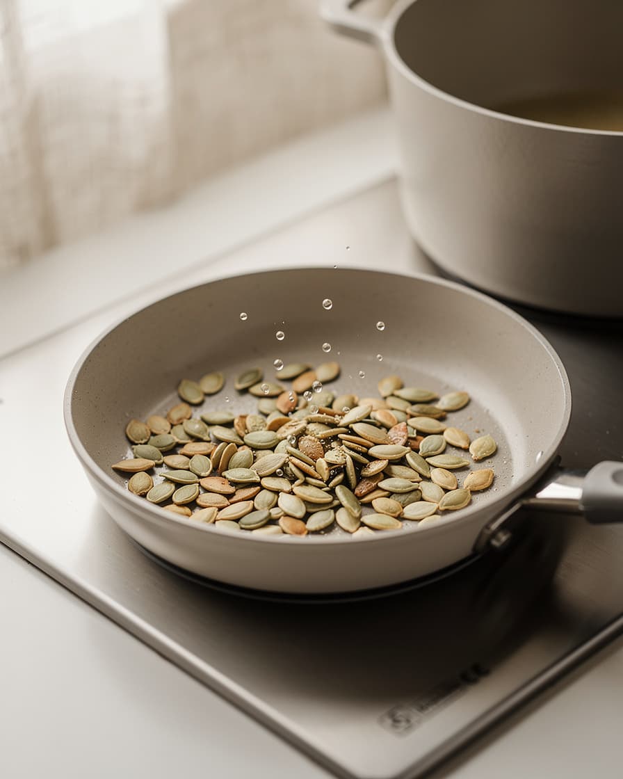 Steg 1: Rosta pumpafröna i en torr, het stekpanna ett par minuter tills de tar färg och börjar poppa. Ställ åt sidan.