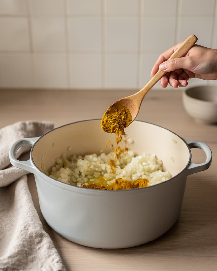 Steg 3: Tillsätt curry och rör om tills det doftar.