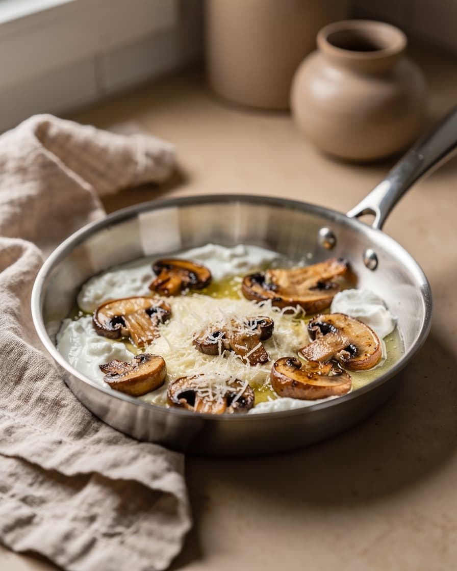 Steg 4: Rör ner crème fraiche och parmesan och låt smälta till en slät sås. Späd med pastavatten vid behov och smaka av med salt.