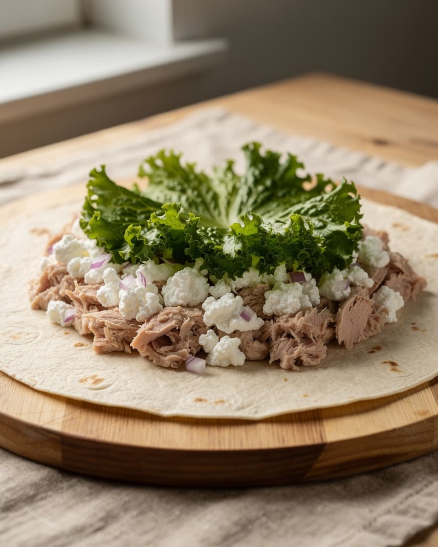 Steg 3: Bred ut tonfiskröran på tortillabröden och lägg salladen ovanpå.