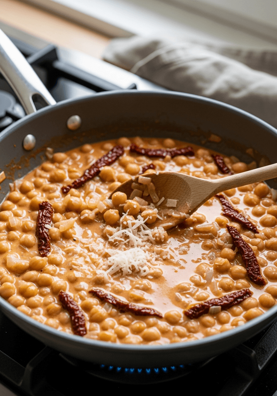 Steg 3: Rör ner kikärtor, crème fraiche och vatten. Låt sjuda cirka 5 minuter tills såsen tjocknat något, och rör sedan ner den rivna parmesanen.
