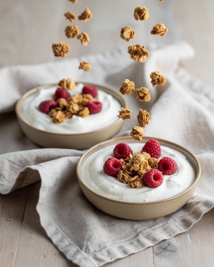 Steg 2: Toppa med hemmagjord granola och hallon.