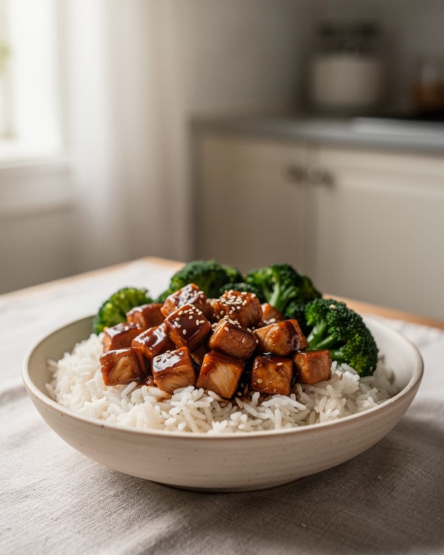 Steg 5: Lägg upp ris, kyckling och broccoli i skålar och strö över sesamfrön.
