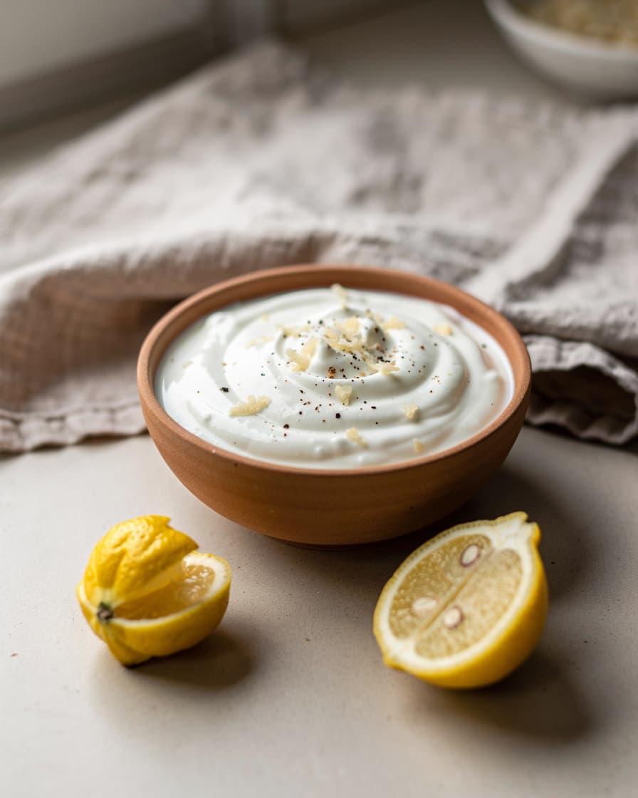 Steg 2: Rör ihop turkisk yoghurt med pressad citron, en riven vitlöksklyfta och svartpeppar till en sval sås. Ställ åt sidan.