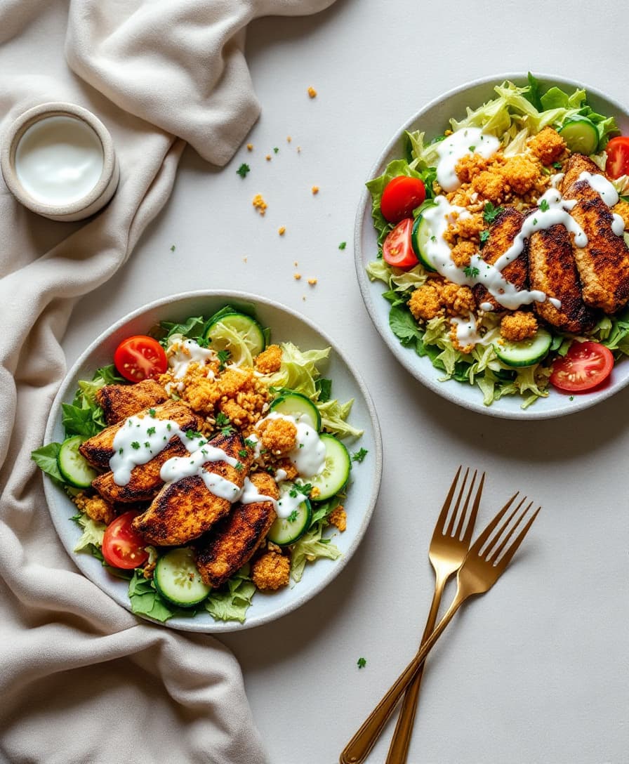 Steg 5: Strimla salladen, skiva gurkan och klyfta tomaterna. Fördela på tallrikar med det krispiga riset och kycklingen, och klicka över yoghurtsåsen.