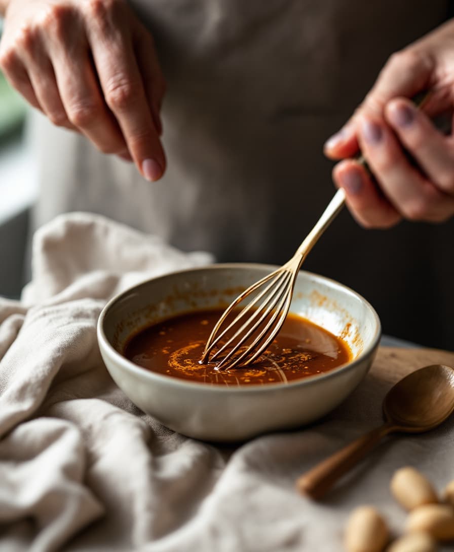 Steg 4: Vispa ihop sojasås, sesamolja och honung till en dressing.