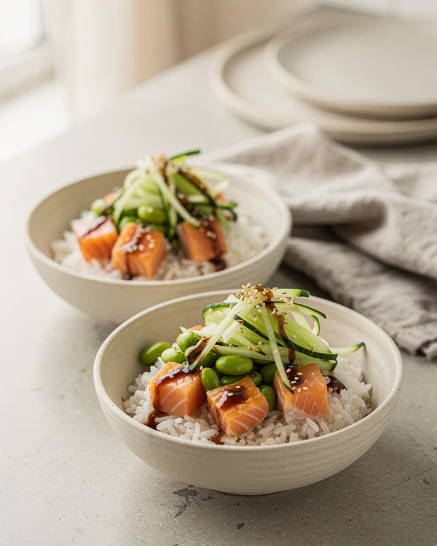 Steg 5: Lägg upp ris, lax, edamame och strimlad gurka i skålar, ringla över dressingen och toppa med sesamfrön.