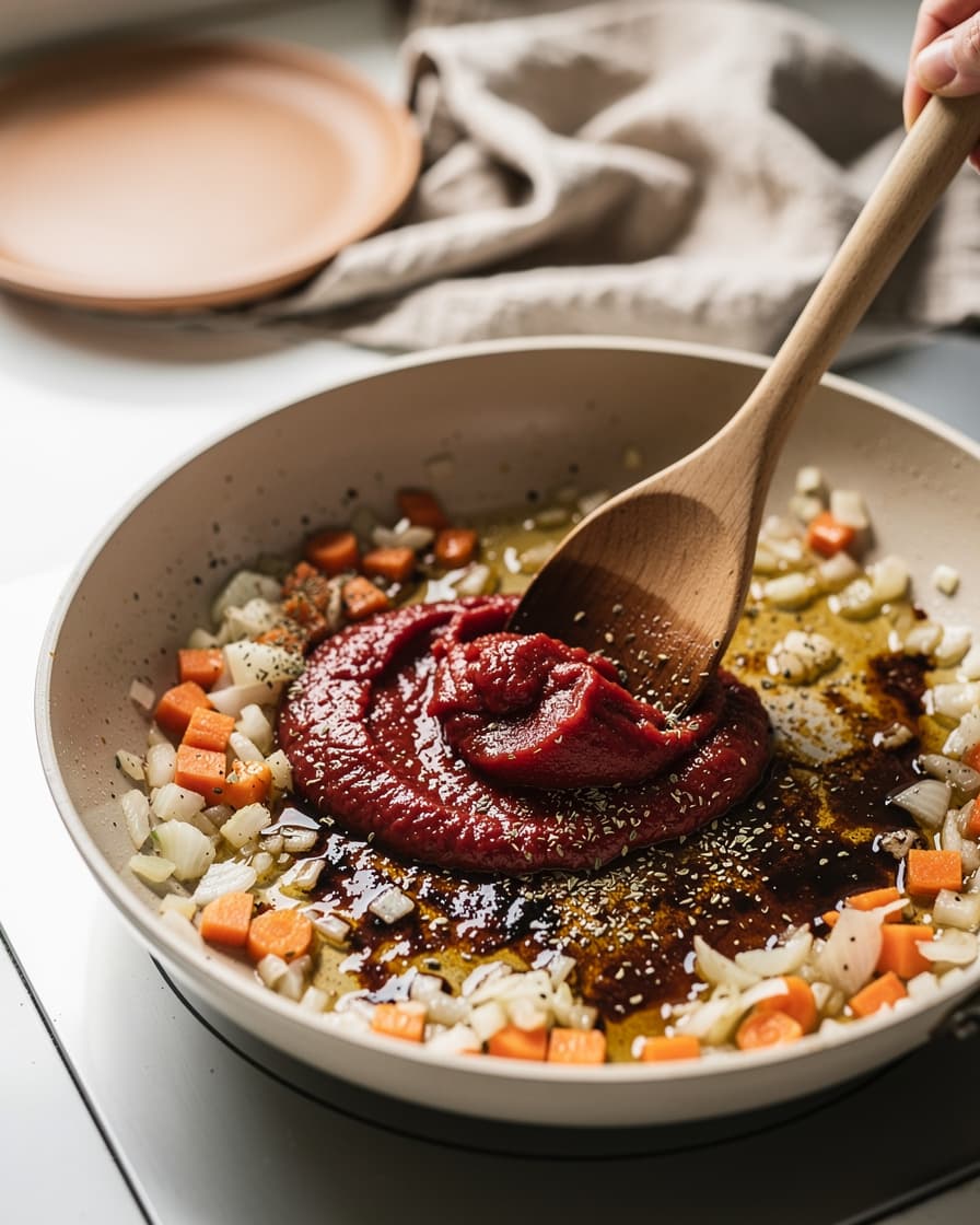 Steg 2: Rör ner tomatpuré och oregano och låt fräsa en minut tills det doftar.