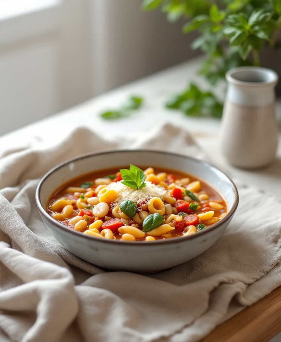 Steg 4: Smaka av med svartpeppar. Servera soppan i djupa skålar med riven parmesan och färsk basilika.