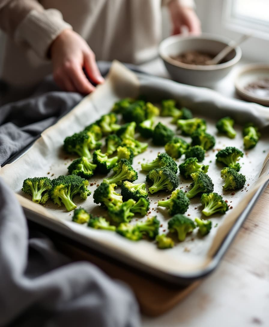 Steg 1: Sätt ugnen på 220°C. Dela broccolin i buketter och lägg på en plåt med bakplåtspapper.