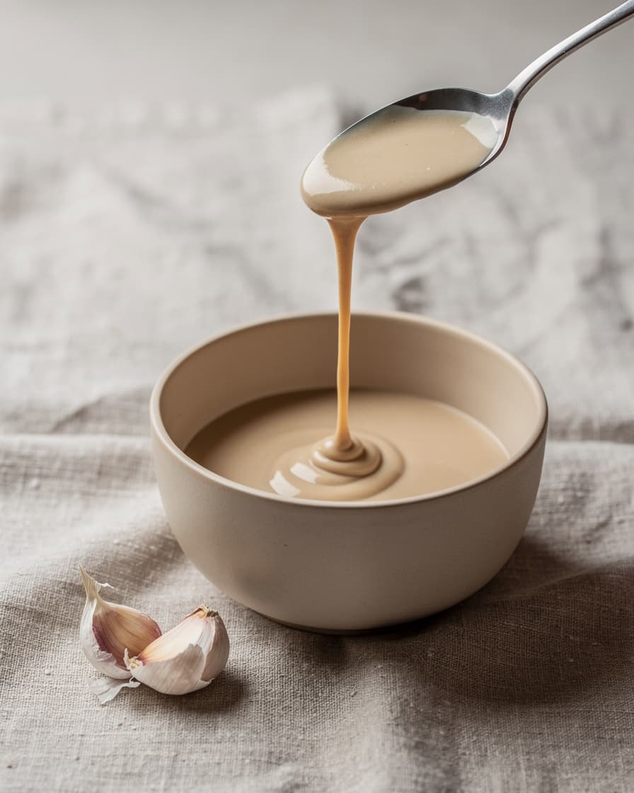 Steg 4: Rör ihop tahini, resten av citronsaften, den pressade vitlöksklyftan och resten av vattnet till en rinnig, len sås.
